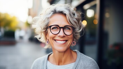Portrait of mature businesswoman wearing eyeglasses and looking at camera. Close up face of cheerful woman with spectacles smiling outdoor. Confident beautiful entrepreneur wearing specs - obrazy, fototapety, plakaty