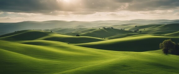 Idyllic Rolling Green Hills Under a Clear Blue Sky with Wispy Clouds. Tranquil Nature Landscape