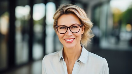 Portrait of mature businesswoman wearing eyeglasses and looking at camera. Close up face of cheerful woman with spectacles smiling outdoor. Confident beautiful entrepreneur wearing specs