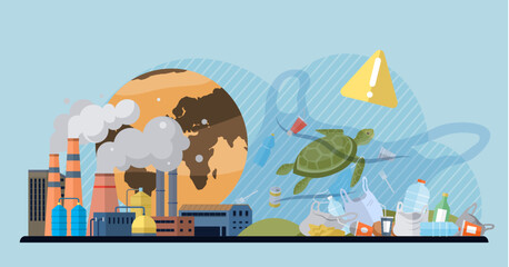 Waste pollution vector illustration. Climate action is necessary to address impact waste pollution on global warming Plastic pollution has become one most challenging environmental issues our time
