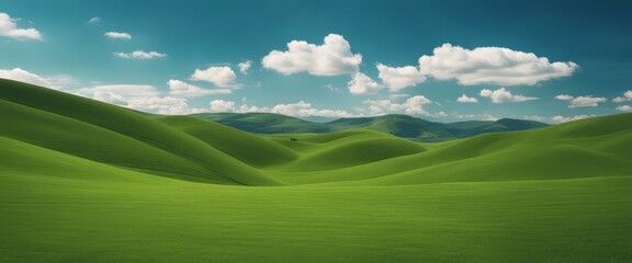Obraz premium Idyllic Rolling Green Hills Under a Clear Blue Sky with Wispy Clouds. Tranquil Nature Landscape