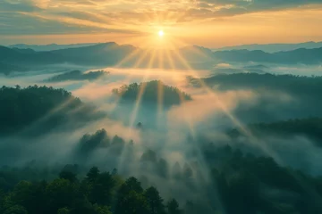 Papier Peint Lavable Matin avec brouillard Aerial view of mountains covered in fog with sun rising behind a fog covered forest