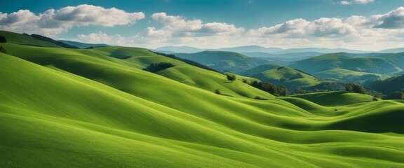 Idyllic Rolling Green Hills Under a Clear Blue Sky with Wispy Clouds. Tranquil Nature Landscape