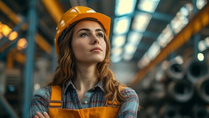 Attractive industrial woman is standing in an industrial warehouse