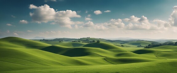 Idyllic Rolling Green Hills Under a Clear Blue Sky with Wispy Clouds. Tranquil Nature Landscape