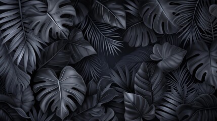 A stylized arrangement of tropical leaves in varying shades of black and gray,  - obrazy, fototapety, plakaty