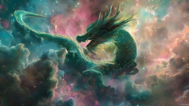 A vibrant green jade dragon, curling gracefully amongst swirling nebulae that paint the astral background in hues of pink, blue, and green