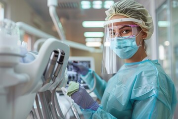 A medical professional in protective gear stands ready to assist in a sterile hospital room, prepared to provide expert care and conduct a crucial medical procedure for the well-being of their patien