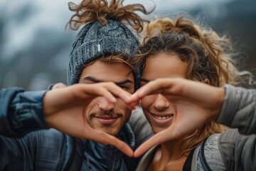 A couple shares a joyful moment, braving the winter cold as they create a heart with their hands, their faces glowing with love and happiness - obrazy, fototapety, plakaty