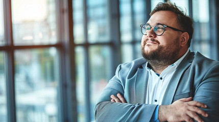 Obraz premium copy space, stockphoto, Shot of plus size businessman in modern office environment , business realted panorama web banner. Heavy weight businessman posing in an office environment. Body inclusive them