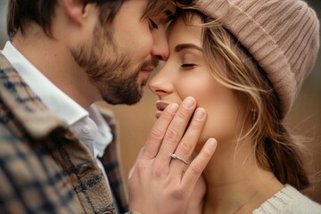 A couple's love is evident as they share a tender nose kiss, their clothing and skin pressed together in a romantic embrace