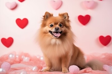 Fototapeta na wymiar A cheerful Pomeranian dog with a fluffy coat smiles in front of a playful backdrop of pink and red Valentine hearts.