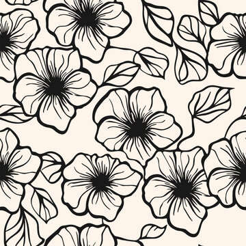 Simple monochrome vector floral seamless pattern. Elegant minimal black and white texture with outline flower silhouettes and leaves. Stylish ornamental botanical background. Repeated natural design