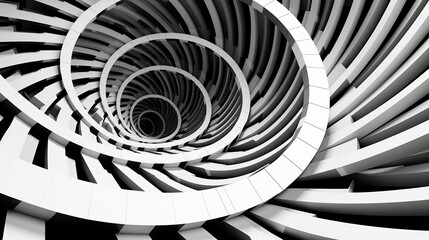 Unusual abstract piano keyboard spiral background fractal like endless staircase. Black and white piano keys  screwed into round spiral repetitive pattern. Music concept distorted circle backdrop