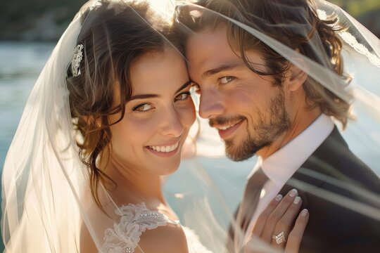 A beaming bride in her stunning wedding gown, adorned with a delicate veil, stands beside her dapper groom in an outdoor ceremony filled with love and romance