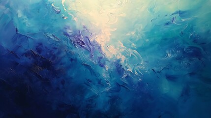 An abstract art piece inspired by the ocean's depths, blending blues, greens, and purples to mimic the underwater world. The oil paint is layered to create a sense of movement 