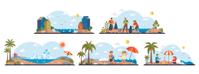 Waste pollution vector illustration. Environmental conservation is key to combating plastic pollution and preserving marine life Climate change and waste pollution are interconnected issues require