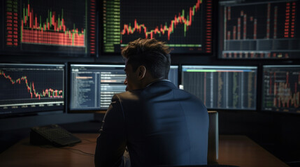 A businessman looking at stock market screen, Very hesitant, Stressed Young entrepreneur desperate about losing money of crisis, Recession, Inflation.