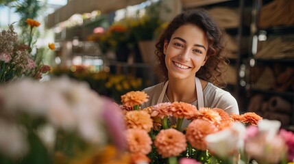Young woman with smile on face in florist. Worker in flower post