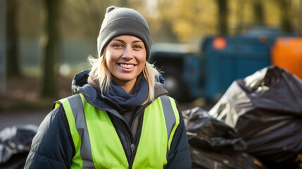 A happy female waste management expert working outdoors.