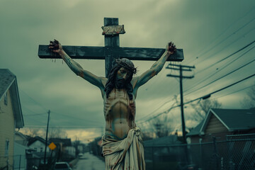 Fototapeta premium Crucifixions of Jesus Christ beside a road with electric wires next to people's houses, Biblical motifs in modern times