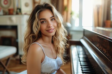 A stunning woman in lingerie sits gracefully at the piano, her long hair cascading over the keys as...