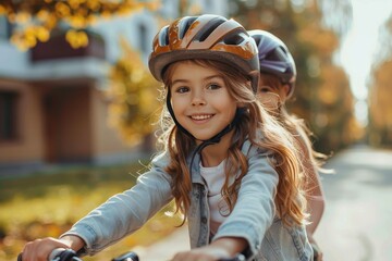 A young girl with a beaming smile rides her bike, her face adorned with a helmet and fashion accessories, enjoying the outdoors with her trusty sports equipment - obrazy, fototapety, plakaty