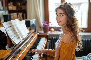 A talented pianist in elegant clothing gracefully plays a beautiful melody on the musical keyboard,...