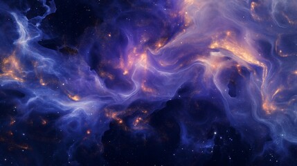 An abstract cosmic scene with swirling, deep blue and purple nebulae that have gold metallic foil...