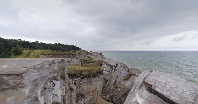 Aerial drone shot of abandoned 19th century coastal defence battery Karosta Northern Fort, Liepāja, Latvia