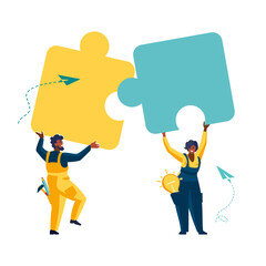 Business concept. Team metaphor. people connecting puzzle elements, african american man and girl. Vector illustration flat design style, banner, poster. Symbol of teamwork, cooperation, partnership
