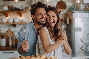 A smiling man and woman in a cozy kitchen, surrounded by the comforting scents of freshly baked goods, share a snack while their human faces radiate warmth and love