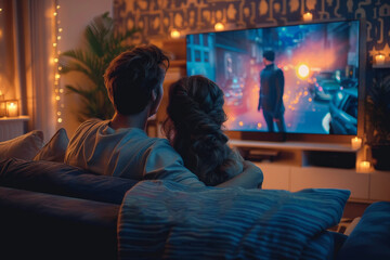 A couple cozily lounges on a worn couch, their indoor haven adorned with clothing and furniture, while their attention is captivated by the glowing screen on the wall