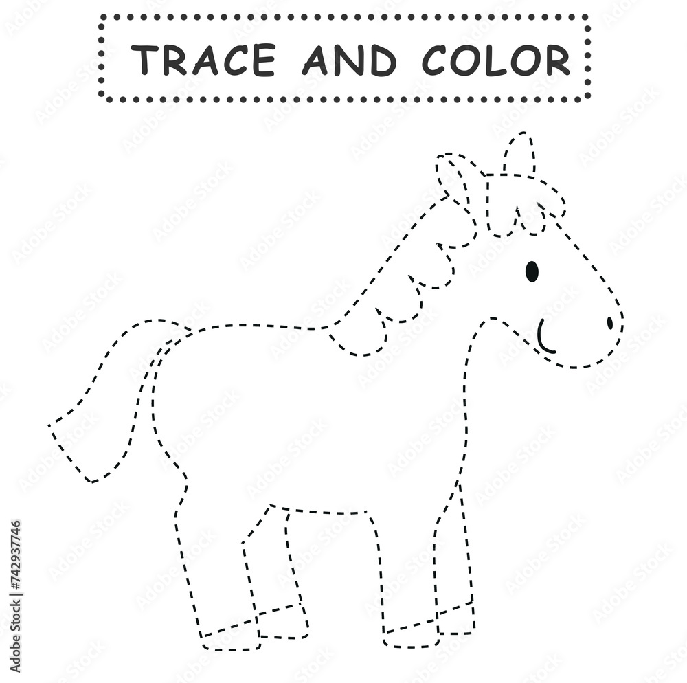 Wall mural Trace and color for children. Handwriting practice. Coloring page for kids. Preschool worksheet with cute horse illustration.