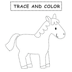 Trace and color for children. Handwriting practice. Coloring page for kids. Preschool worksheet with cute horse illustration.