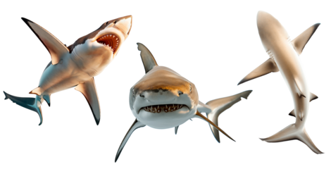 Shark set. The shark looks directly at the camera. Shark with open mouth. Back of a shark, top view. Isolated on a transparent background.
