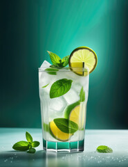 A glass with mojito cocktail, lime slices in the glass, fresh mint leaves, square transparent ice, the glass is fogged from cold, drops of cold drink flowing down the glass. The edge of the glass is