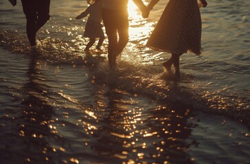 As the sun sets on the beach, a group of silhouetted people walk hand in hand through the water, their feet sinking into the wet sand beneath them