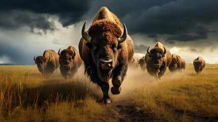Bison herd moving through a prairie storm. - obrazy, fototapety, plakaty