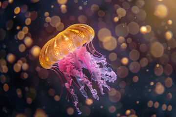 Yellow pink neon jellyfishes in underwater space - 742938782