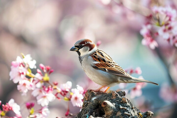 Cute sparrow in spring garden with blossom tree, World Sparrow Day - 742938911