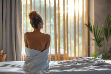 A bride sits on her bed, surrounded by the delicate fabric of her wedding dress and the elegant wall decor of her boudoir, as she reflects on her upcoming nuptials