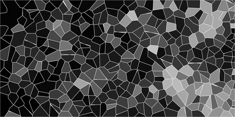 Abstract black mosaic black and silver tiled texture geometric complexity to background. Dark gray ash Broken quartz stained Glass Background with White lines. Seamless pattern with 3d shapes vector.