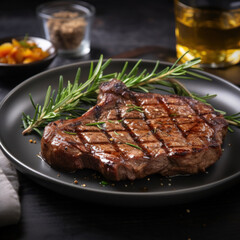 Grilled medium rib eye steak with rosemary and pepper on plate.