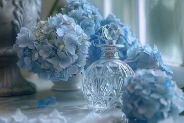 Perfume bottle with blue hortensia flowers - 742939322