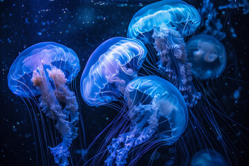Blue neon jellyfishes in underwater space - 742939355