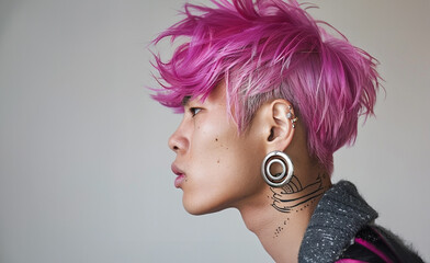 Pink haired korean young man with huge metallic earrings, fashion photo - 742939393