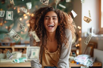 A joyful woman exudes confidence as she playfully tosses money in the air, her smile and stylish clothing reflecting her carefree spirit against the backdrop of an indoor wall