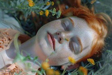 Ginger young girl lying on the ground in garden among green plants - 742939511
