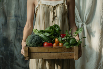 Young woman holding wooden box full of green vegetables - 742939514